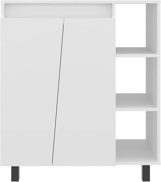 Microwave Sideboard Cabinet, Freestanding White Kitchen Pantry with 2-Door Storage 3 Open Shelves and Appliance Surface for Compact Kitchen Organization