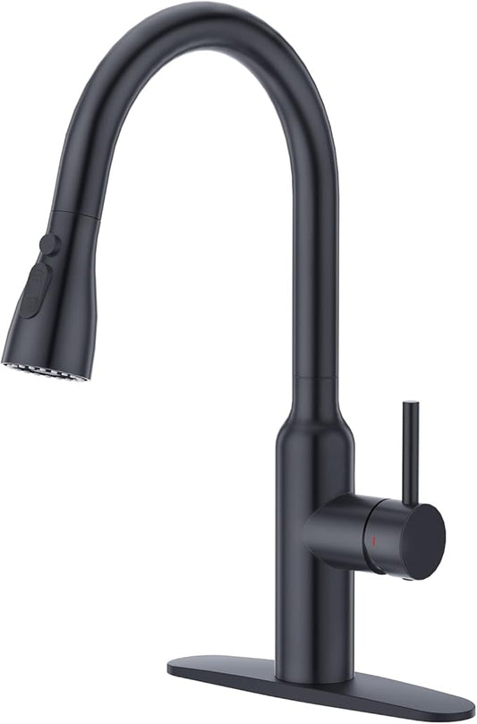 CREA Black Kitchen Faucet, Pull Down Kitchen Faucets with Sprayer 3 Modes, Uitility Laundry Faucets Single Hole Bar Sink Faucet 360° Swivel High Arc Stainless Steel RV Faucet, Matte Black