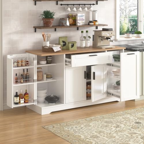 Bellemave Sideboard Buffet Cabinet with Drawer & Adjustable Shelves, Modern Kitchen Pantry with 3-Tier Pull-Out Rack, Coffee Bar Cabinet with Storage for Dining Room, Living Room, Kitchen (White/54)