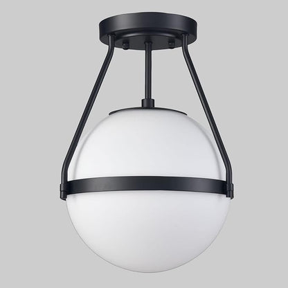 HOLKIRT Mid Century Semi Flush Mount Ceiling Light Black Globe Ceiling Light Modern Light Fixture with White Opal Glass Shade for Living Room Bedroom Hallway