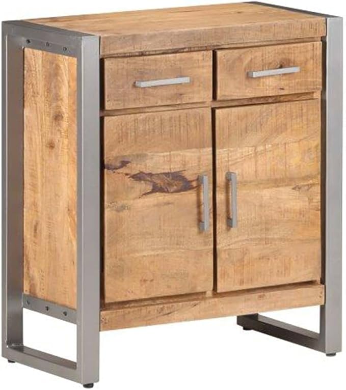 Natural Mango Wood Sideboard, Grey Finish, Industrial Design, 2 Drawers, 2 Doors, 23.6x13.8x28.3in, Living Room Storage Cabinet Furniture Kitchen Furnitur