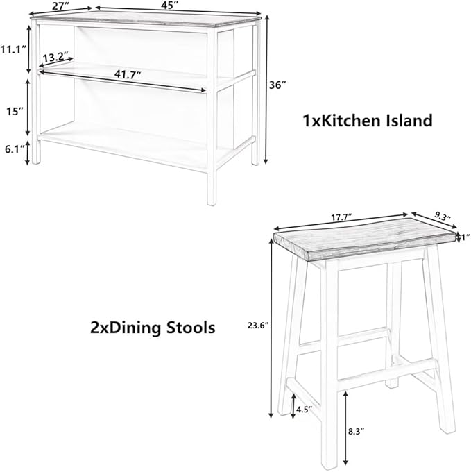 JIJIWANG Solid Wood Rustic 3-Piece 45" Stationary Kitchen Island Set with 2 Seatings, Rubber Wood Butcher Block Dining Table Set Prep Table Set with 2 Open Shelves for Small Places,Walnut+Cream White