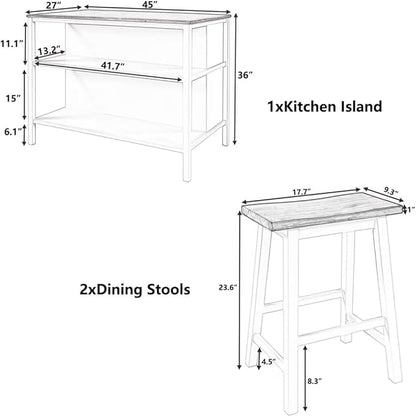 JIJIWANG Solid Wood Rustic 3-Piece 45" Stationary Kitchen Island Set with 2 Seatings, Rubber Wood Butcher Block Dining Table Set Prep Table Set with 2 Open Shelves for Small Places,Walnut+Cream White