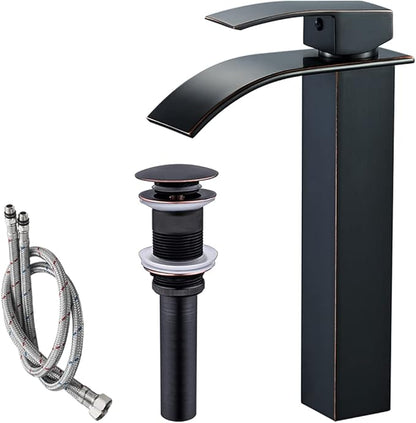 VOTON Vessel Sink Faucet Oil Rubbed Bronze Modern Tall Waterfall Bathroom Sink Faucet with Pop-Up Drain Single Handle Bathroom Faucet 1 Hole Bowl Lavatory Vanity Faucet Rv Sink Camper Farmhouse Faucet