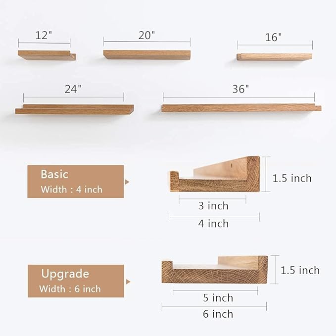 Oak Floating Shelves - Natural Wood Wall Mounted Display Picture Ledge - Home Office Living Room Bedroom Wall Storage Shelf - 6x24 inch