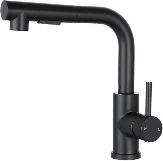 Friho Modern Bar Sink Faucet, Single Handle Pull Out Sprayer Kitchen Sink Faucet, Hot Cold Water Prep Sink Faucet with Pull Down Spray Head, Matte Black
