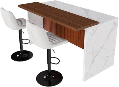 63 Inch Kitchen Island with 4 Deep Brown Bar Stools – White Marble Countertop, Integrated LED Lighting & Grille Design, Multi-Functional Breakfast Bar for Dining Rooms, (White+2beige)