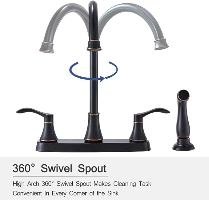 3 Hole or 4 Hole 2 Handle Kitchen Faucet with Side Sprayer, Commercial Lead-Free Oil Rubbed Bronze Kitchen Sink Faucets for Rv Sinks with High-Arc Spout & Side Sprayer, VADR0004H