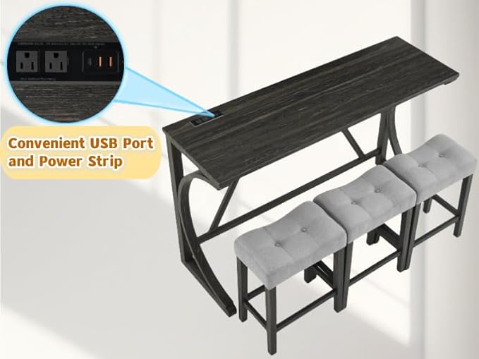 Polibi Farmhouse Counter Height Dining Set - Bar Table and Chairs, Wood Dining Table with Power Outlet and 3 Upholstered Stools for Breakfast Nook, Living Room, Black