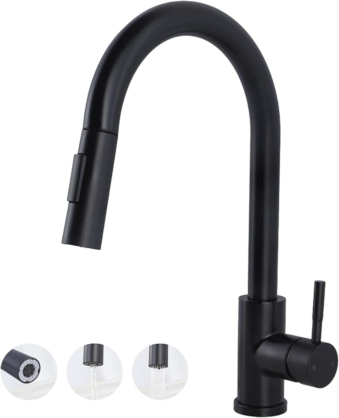 Hotis Black Kitchen Faucet with Pull Down Sprayer, High Arc Stainless Steel Sink Faucet, Single Handle Bar Faucet Black, Commercial Farmhouse RV Bar Sink Faucet, HT-KBD101B