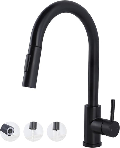 Hotis Black Kitchen Faucet with Pull Down Sprayer, High Arc Stainless Steel Sink Faucet, Single Handle Bar Faucet Black, Commercial Farmhouse RV Bar Sink Faucet, HT-KBD101B