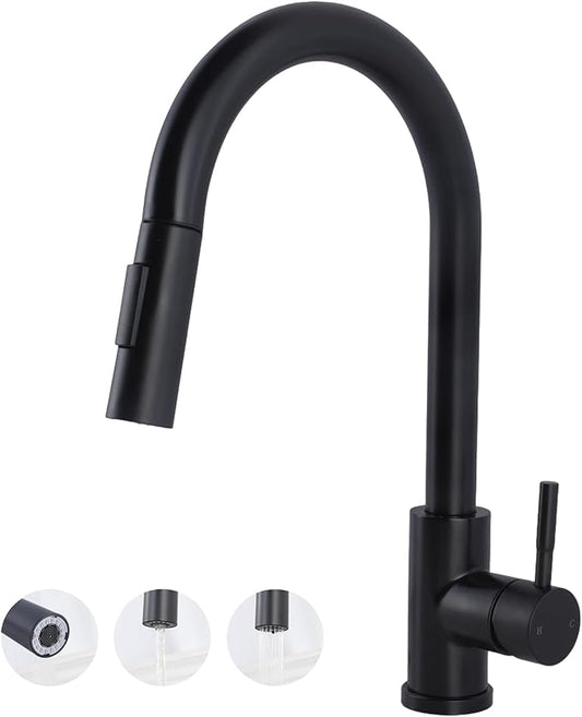 Hotis Black Kitchen Faucet with Pull Down Sprayer, High Arc Stainless Steel Sink Faucet, Single Handle Bar Faucet Black, Commercial Farmhouse RV Bar Sink Faucet, HT-KBD101B