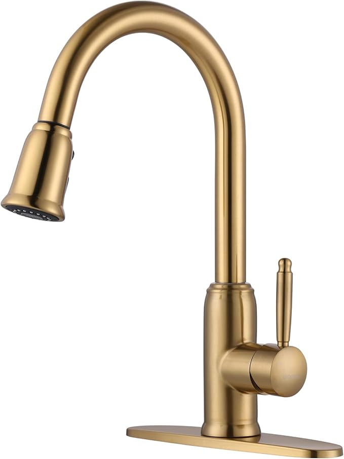 WOWOW Gold Kitchen Faucet with Sprayer - 304 Stainless Steel Kitchen Sink Faucet High Arc Pull Down Design for 1 or 3 Hole, Vintage Style