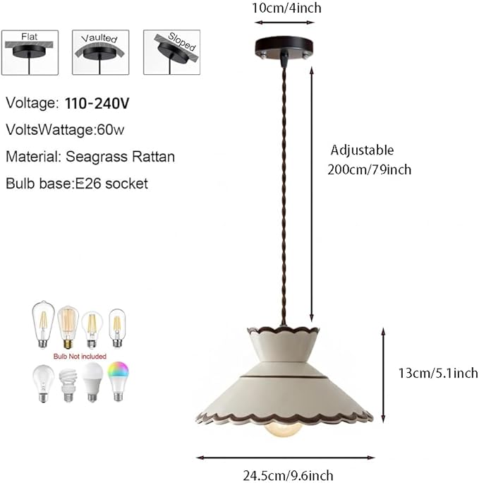 Vintage Scalloped Pendant Light, Cottagecore Farmhouse Style Hanging Lamp, Cream White Ceramic Shade, Adjustable Cord Ceiling Fixture for Kitchen Island, Dining Room, Bedroom, Cafe