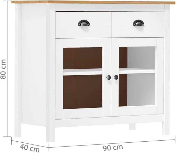Modern Pine Wood Sideboard White & Honey Brown Buffet Cabinet 35.4 x 15.7 x 31.5 in with Glass Shelves & Drawers for Dining Room Living Room Kitchen Apartment