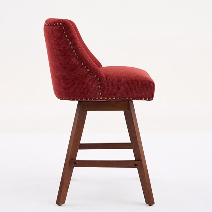 Comfortable Upholstered Swivel Bar Stool with Wooden Legs and Soft Fabric Seat for Kitchen Island or Home Bar Use (Wine RED + Wood+Fabric + Foam)