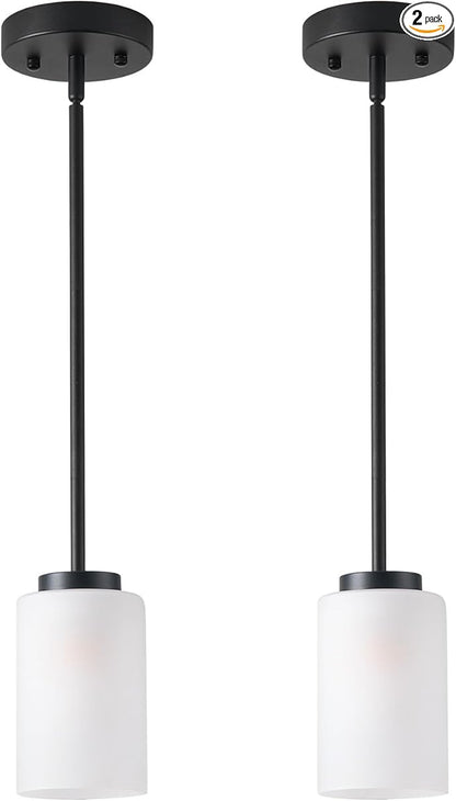 2 Pack Pendant Light Fixtures, Adjustable Kitchen Island Hanging Ceiling Lights with White Frosted Glass Shades, Black, House Indoor Light for Bedroom Living Room