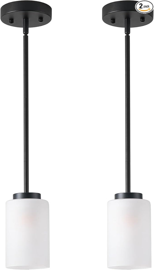 2 Pack Pendant Light Fixtures, Adjustable Kitchen Island Hanging Ceiling Lights with White Frosted Glass Shades, Black, House Indoor Light for Bedroom Living Room