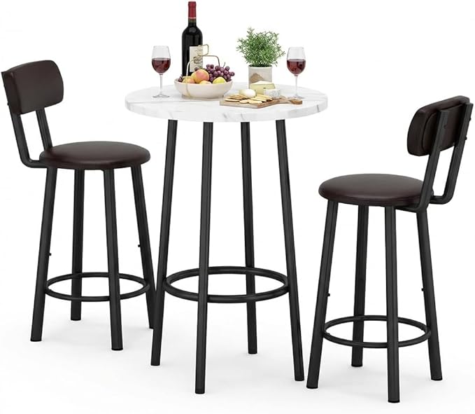 DKLGG Dining Table Set for 2 - 24" Round Kitchen Table With MDF Tabletop & 2 PU Leather Chairs, Bar Pub Set for Small Space Kitchen Living Room Apartment, White