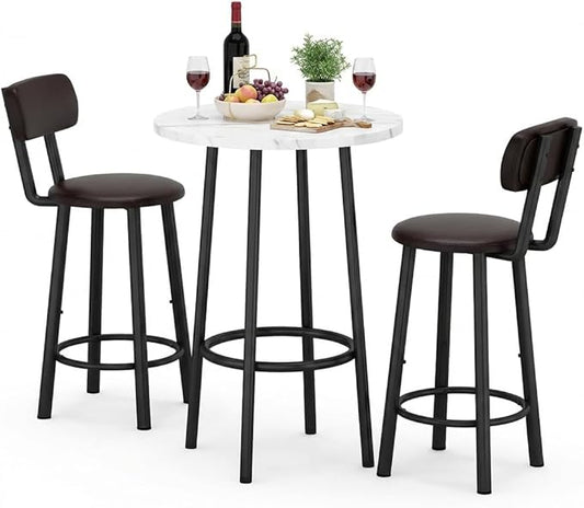 DKLGG Dining Table Set for 2 - 24" Round Kitchen Table With MDF Tabletop & 2 PU Leather Chairs, Bar Pub Set for Small Space Kitchen Living Room Apartment, White
