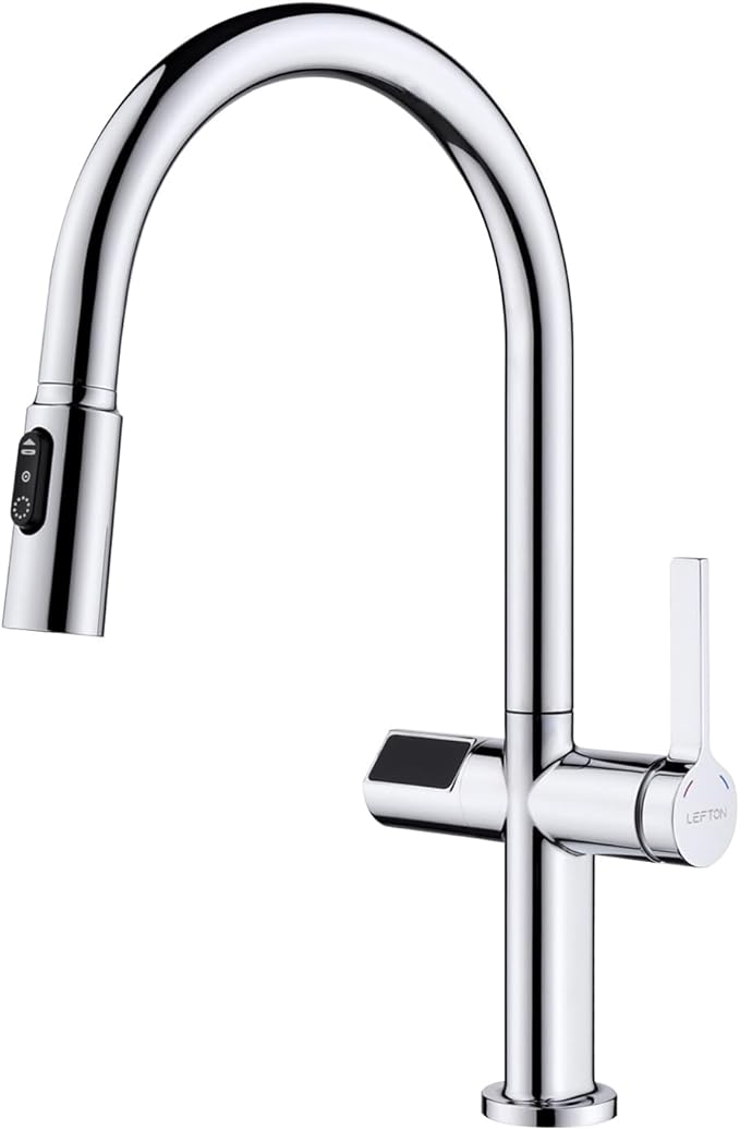 Lefton Touchless Pull-Out Kitchen Faucet, Hands Free Motion Sensor Activated, Battery-Free Temperature Display, KF2206 (Contemporary, Chrome)