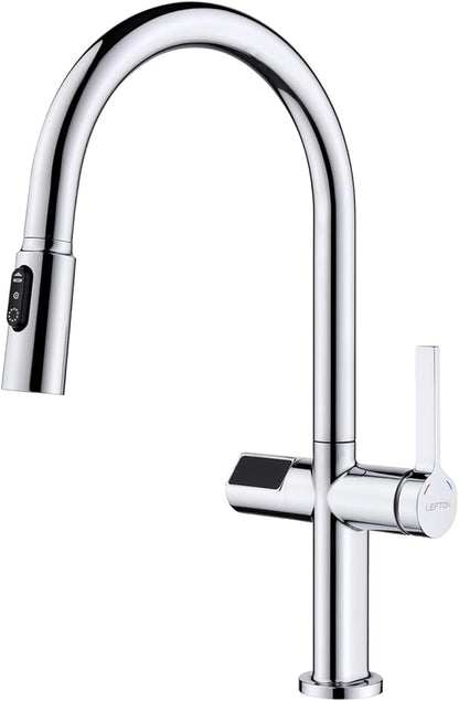 Lefton Touchless Pull-Out Kitchen Faucet, Hands Free Motion Sensor Activated, Battery-Free Temperature Display, KF2206 (Contemporary, Chrome)