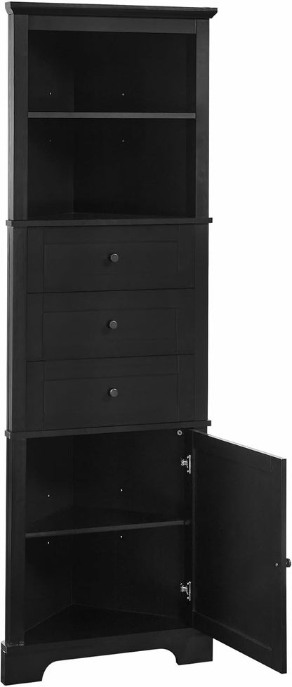 Storage Corner Cabinet with 3 Drawers and Door, Tall Line Pantry Home Space Saver for Bathroom, Living Room, Kitchen, Adjustable Shelf, Black