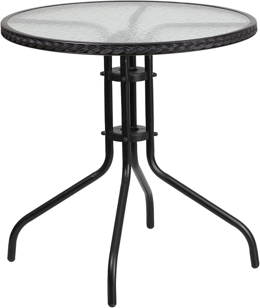 Flash Furniture Barker 28'' Round Tempered Glass Metal Table with Black Rattan Edging