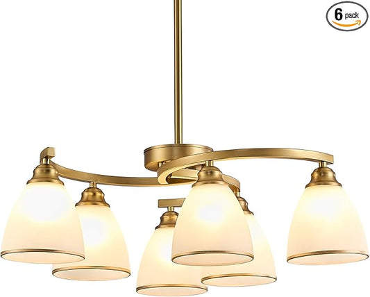 6-Light Modern Gold Chandeliers for Dining Room 59"Max Adjustable Height Farmhouse Pendant Light with Frosted Glass Shades, Metal Hanging Lamp for Kitchen Island, Dining Table, Entryway, Hallway
