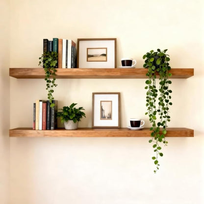 ROGMARS 36 Inches Long Walnut Floating Shelves,Rustic Solid Wood Farmhouse Wall Shelves with Invisible Brackets for Bathroom, Living Room, Bedroom, Kitchen Set of 2