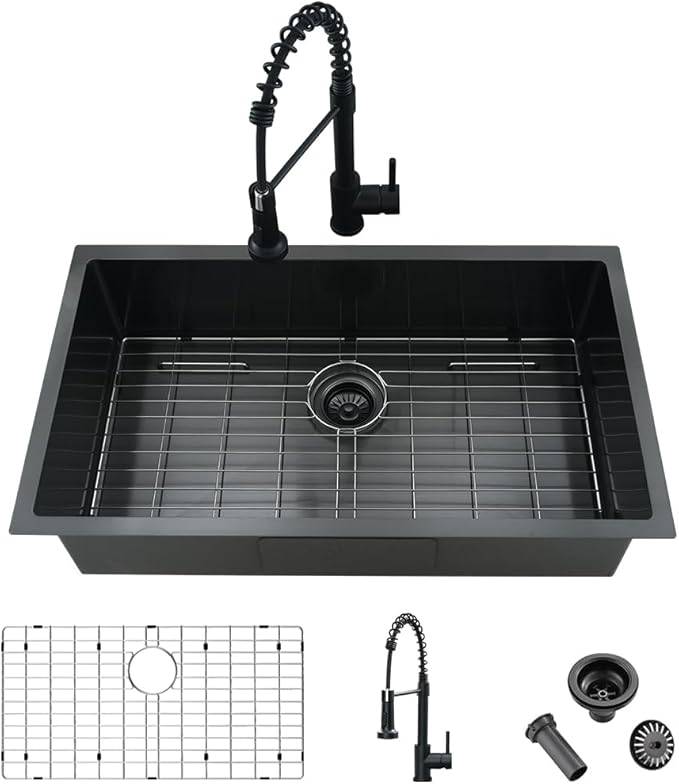 33 Inch Black Kitchen Sink and Faucet Combo Set-iAnomla 33x19 Undermount Sinks Black Stainless Steel Single Bowl Deep Kitchen Sink with Faucet Combo