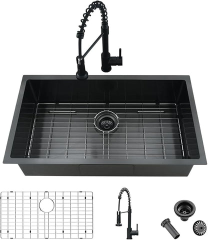 33 Inch Black Kitchen Sink and Faucet Combo Set-iAnomla 33x19 Undermount Sinks Black Stainless Steel Single Bowl Deep Kitchen Sink with Faucet Combo