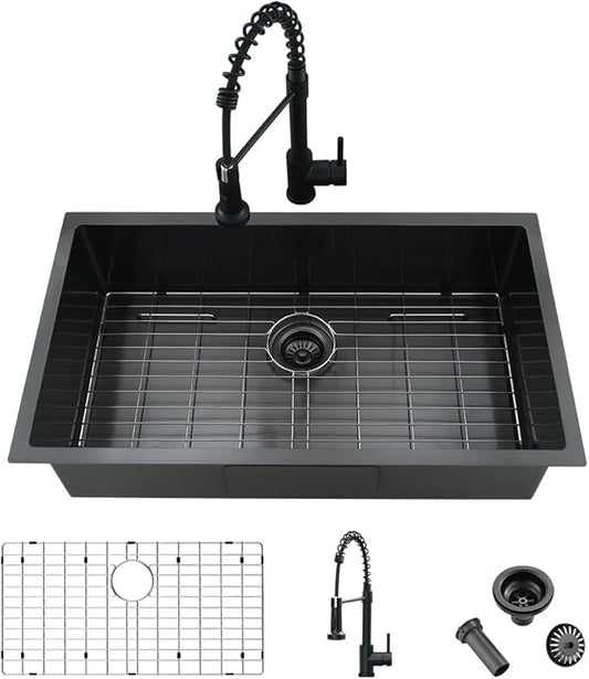 33 Inch Black Kitchen Sink and Faucet Combo Set-iAnomla 33x19 Undermount Sinks Black Stainless Steel Single Bowl Deep Kitchen Sink with Faucet Combo