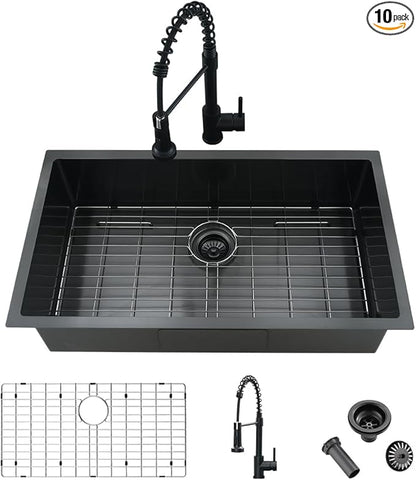 30 Inch Black Kitchen Sink with Faucet Combo-iAnomla 30x19 Black Stainless Steel Undermount Kitchen Sink 16 Gauge Single Bowl Deep Under Mount Sinks and Faucet Combo Set
