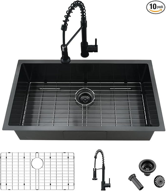 30 Inch Black Kitchen Sink with Faucet Combo-iAnomla 30x19 Black Stainless Steel Undermount Kitchen Sink 16 Gauge Single Bowl Deep Under Mount Sinks and Faucet Combo Set