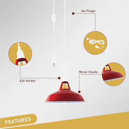 Plug in Pendant Light, 13.1FT Hanging Light with Plug in Cord and On/Off Switch, Industrial Barn Metal Shade Pendant Light for Kitchen Island, Dining Room, Bar, Cafe, Living Room, Brushed Copper