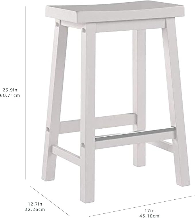 Basics Solid Wood Saddle-Seat Counter Height Bar Stools for Kitchen Island with Footrest, Sturdy Construction, 24-Inch Height, White, Set of 2