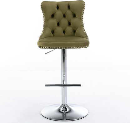 Swivel Velvet Bar stools Adjusatble Seat Height from 25 33 Inch, Upholstered Chrome Base Bar Stools with Backs Comfortable Tufted for Home Pub and Kitchen Island, Olive Green,Set of 2,1712OL