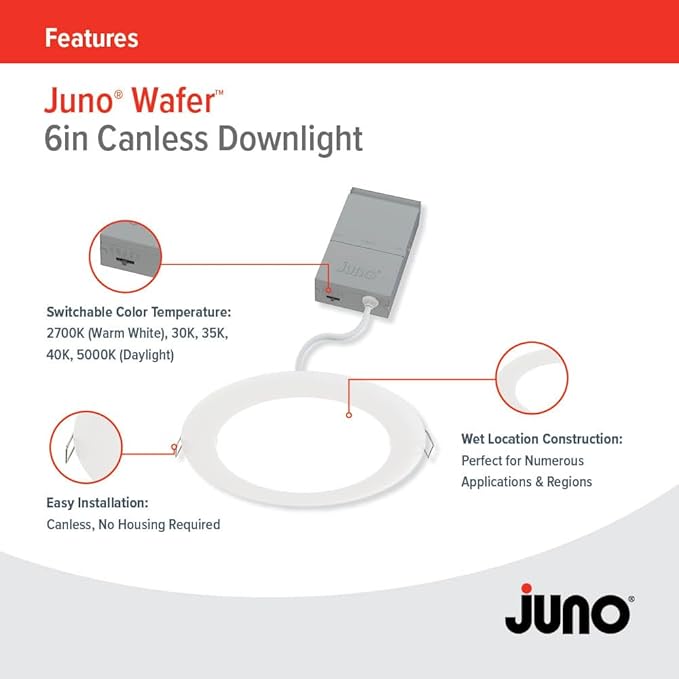 Juno LED Recessed Lights 6 Inch Round Wafer Downlight, 5-in-1 Switchable White Color Temperature, 120 Volts, 6-Inch Ultra-Thin Flat Trim, Matte White, 4-Pack (WF6 SWW5 90CRI MW CP4 M2)