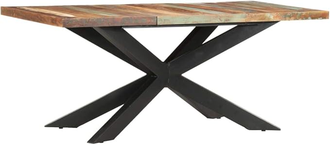 Reclaimed Wood Dining Table, Varied Colors, Black Steel Legs, 70.9 x 35.4 Inch Rectangular Kitchen & Dining Room Table for 8 People
