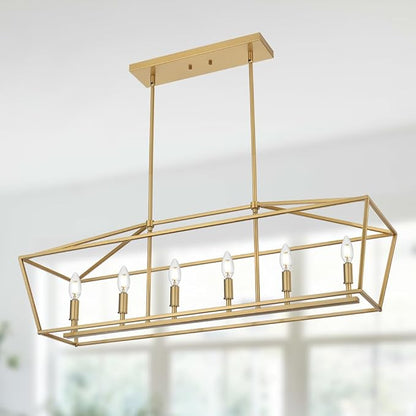 Modern Kitchen Island Lighting,6-Light Linear Farmhouse Chandelier Industrial Pendant Light Fixtures with Gold Metal Frame for Bar, Dining Room, Living Room,Restaurant,Foyer