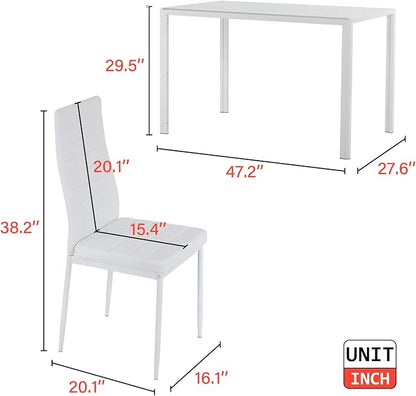 FDW | 5-Piece Dining Table Set | White | Glass Kitchen Table with 4 Upholstered Chairs and Faux Leather Cushions | Space-Saving and Modern Design | for Dining Room, Easy to Assemble