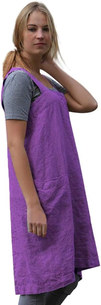 Larmliss Women's Pinafore Square Apron Baking Cooking Gardening Works Cross Back Cotton/Linen Blend Dress with 2 Pockets