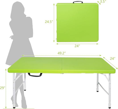 4 FT Folding Table with Carry Handle, Portable Fold-in-Half Plastic Table, Rectangle Foldable Table for Indoor/Outdoor Green