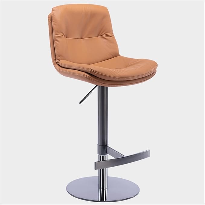 Adjustable with Back, Counter Height Kitchen Island Chair, Titanium Brushed Stainless Steel Leather Heavy Base for Coffee,Brown-Titanium Black
