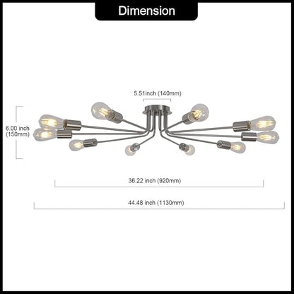 10 Light Sputnik Chandelier Brushed Nickel Ceiling Light Semi Flush Mount Light Ceiling Lamp for Kitchen Dining Room Living Room Foyer
