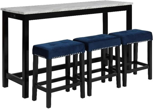 New Classic Furniture Celeste Faux Marble Theater Bar Table with 3 Bar Stool Set, Blue Velvet with Black Base