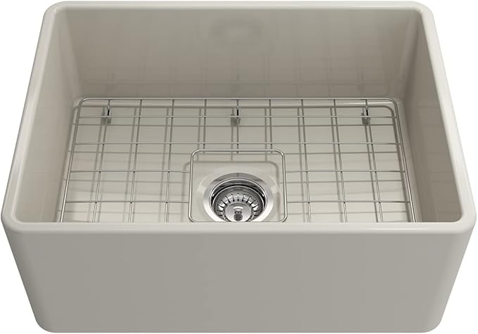 BOCCHI Classico Farmhouse Apron Front Fireclay 24 in. Single Bowl Kitchen Sink with Protective Bottom Grid and Strainer in Biscuit