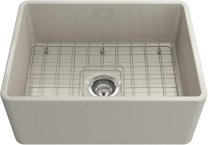 BOCCHI Classico Farmhouse Apron Front Fireclay 24 in. Single Bowl Kitchen Sink with Protective Bottom Grid and Strainer in Biscuit