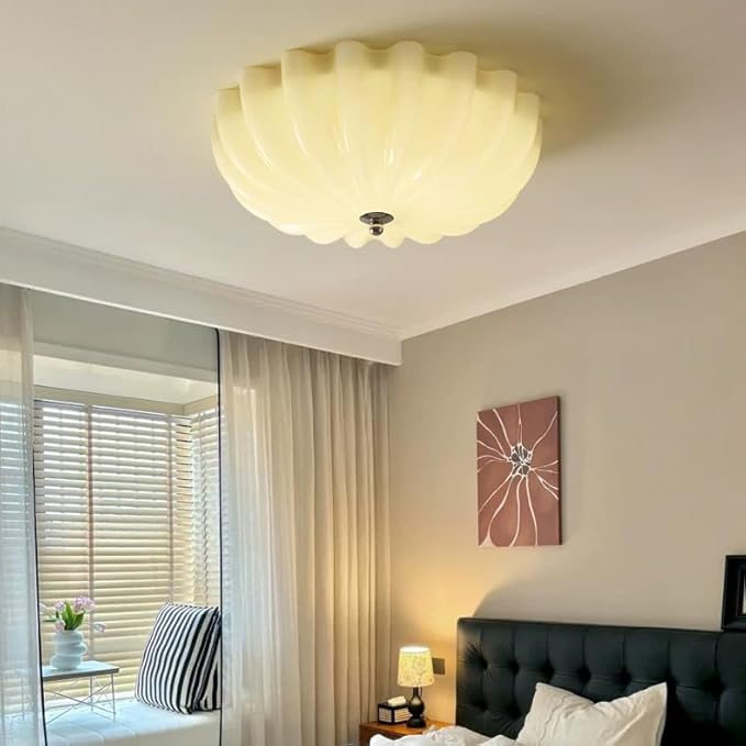 LED Flush Mount Vintage Yellow Glass Hallway Ceiling Lamp - Mid Century Overhead Light with Ribbed Glass Shade - Farmhouse Ceiling Light for Nursery, Kids Room, Bedroom, Bathroom